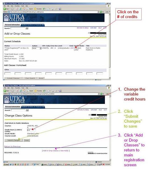 Variable-Credit Registration Screen Shot