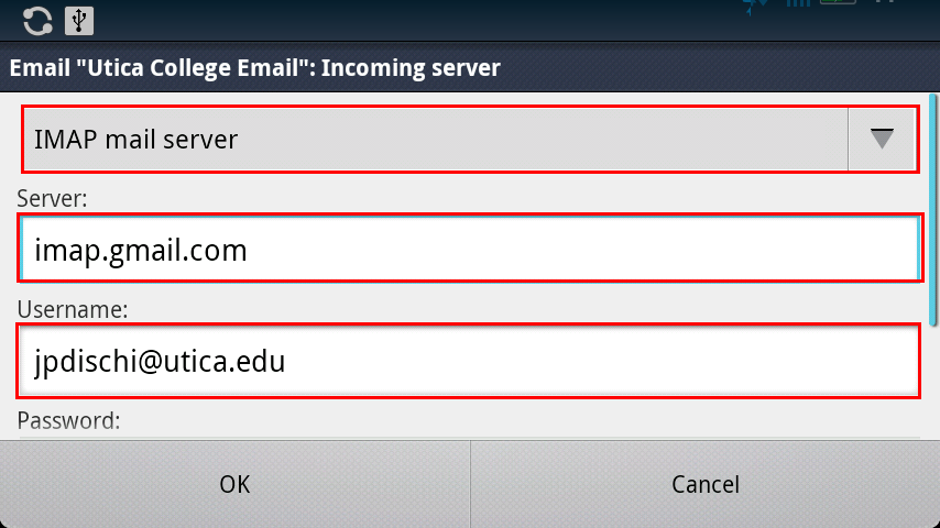 android imap email settings