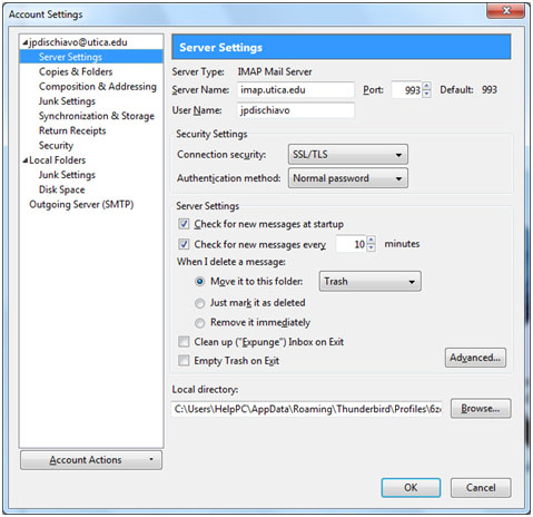 Thunderbird Incoming Server Information