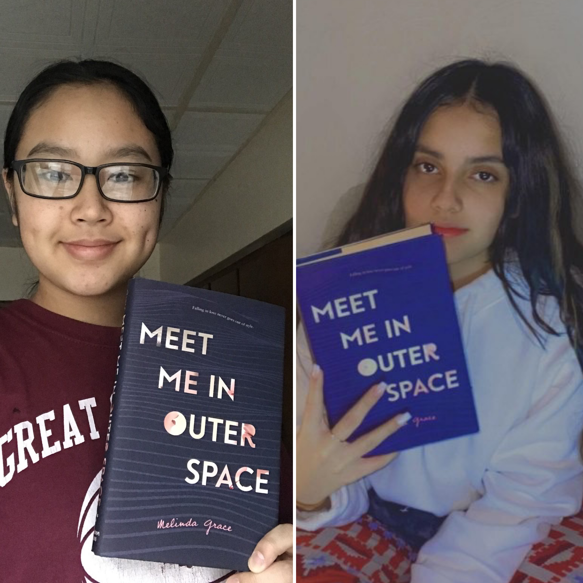 Two YS students are holding their signed copies of Melinda Grace's book.