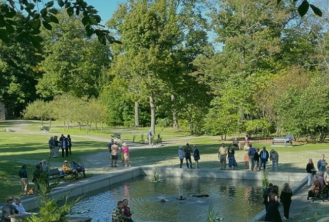 People walk around a park in sunny weather.