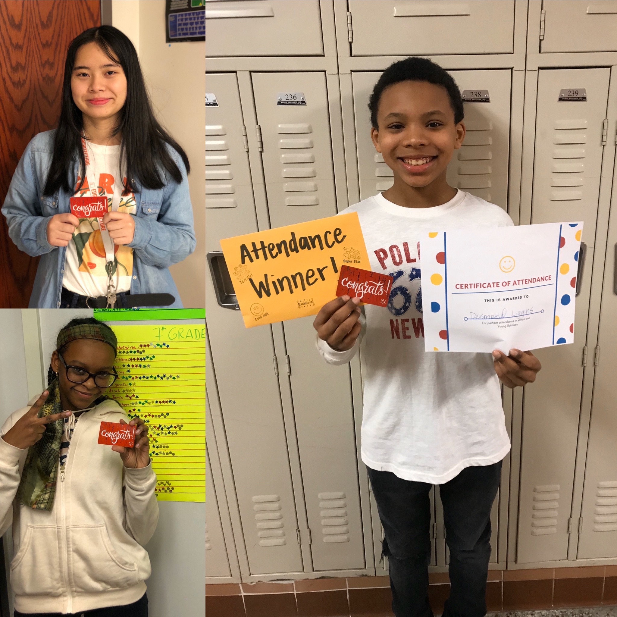 3 students pose with their Target Gift cards rewarding good attendance