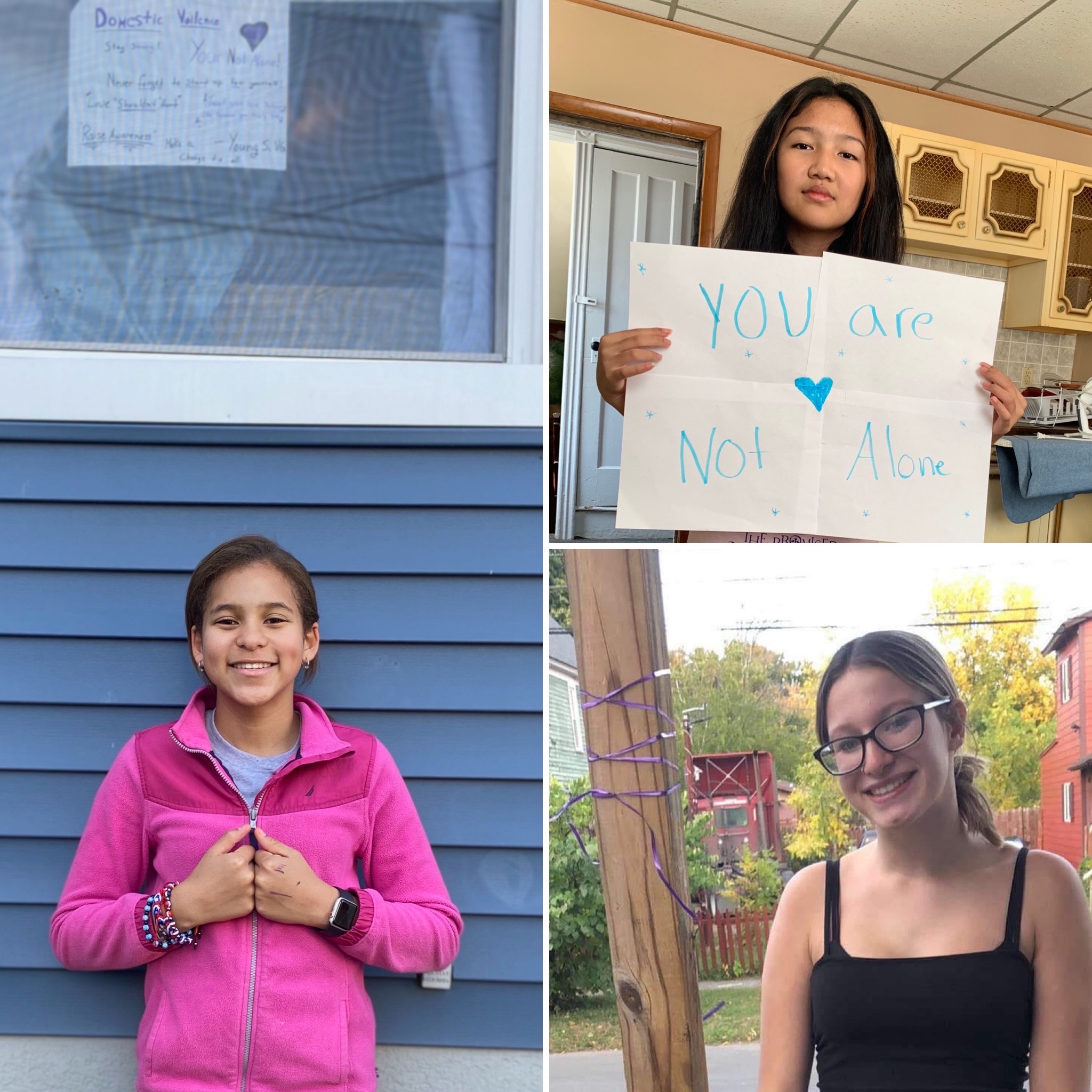 3 photo collage of Young Scholars students with purple ribbons and signs of support for domestic violence survivors. 