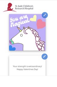 Valentine Card with a picture of a unncorn that says, You are magical. I hope your Valentine's Day is a special as you.