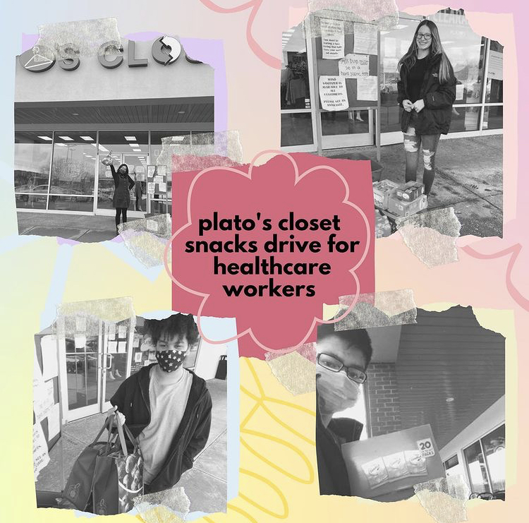 A collage of four students with their bags snacks posed outside of Plato's Closet.