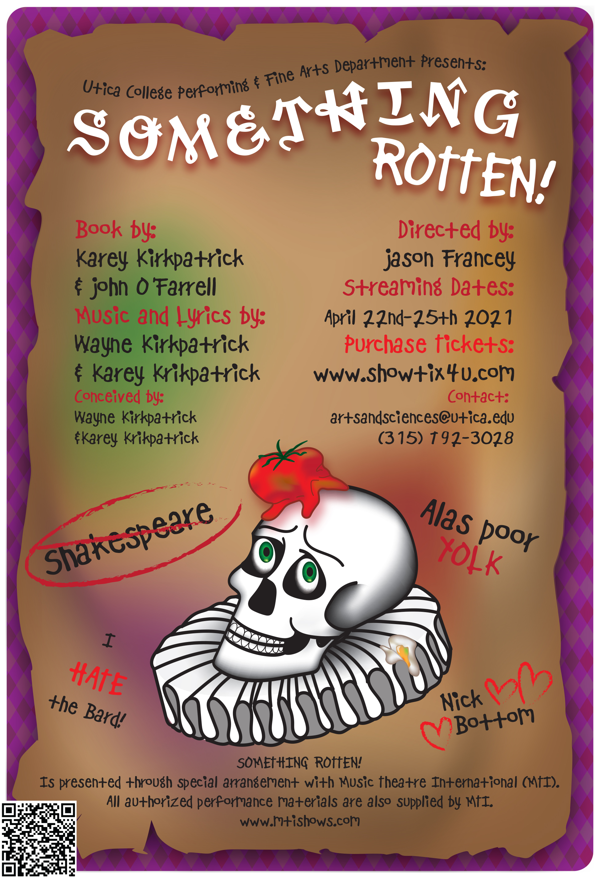 Poster for Something Rotten, featuring Shakespeare skull with crushed tomato on head.