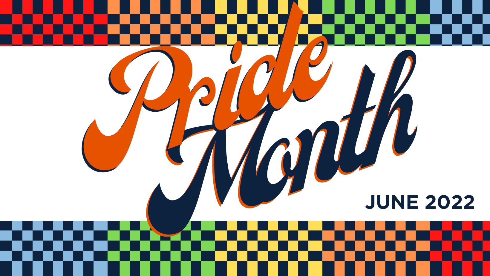 Multi-Colored checker border with Pride Month written in center.