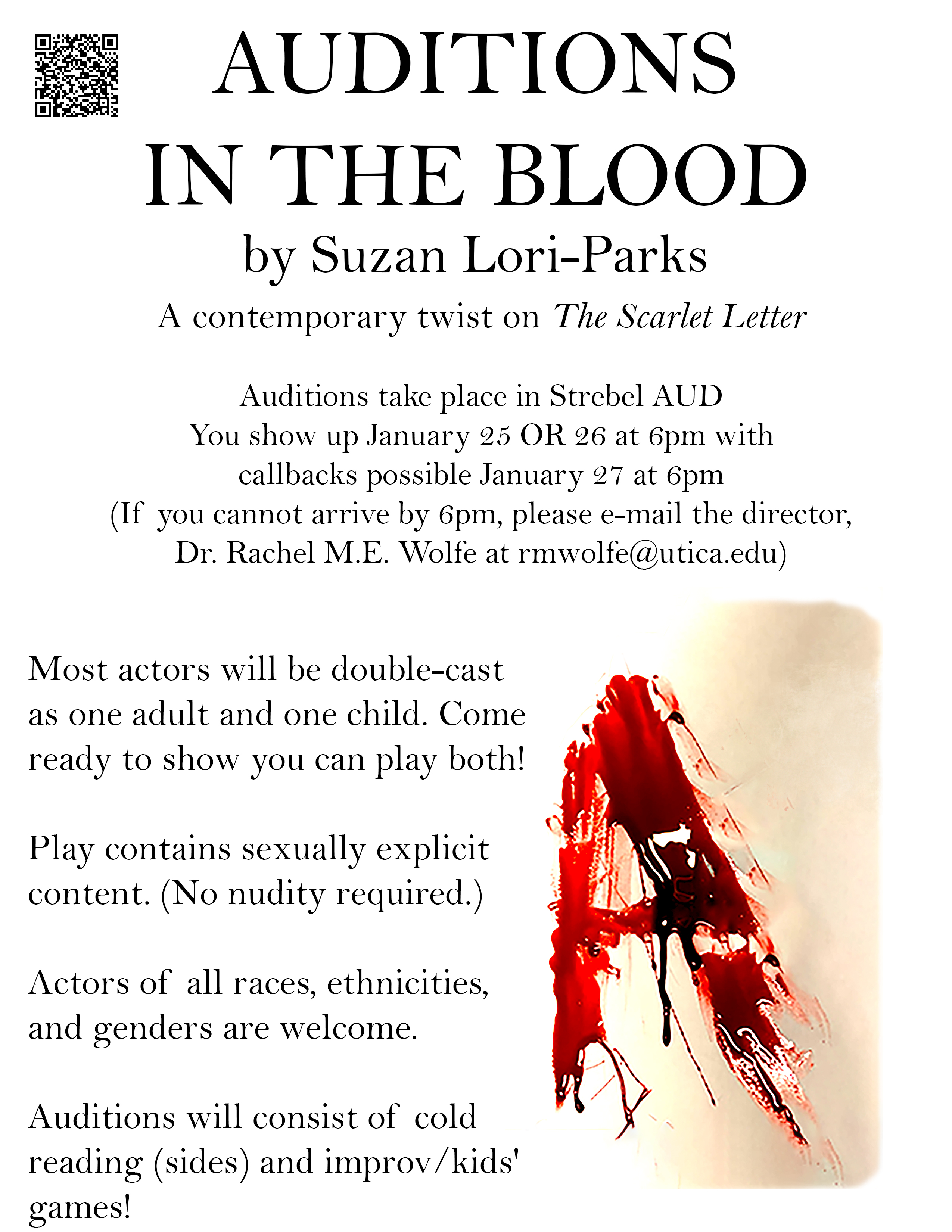 Flyer with details for auditions of Spring 2023 production, "In the Blood."