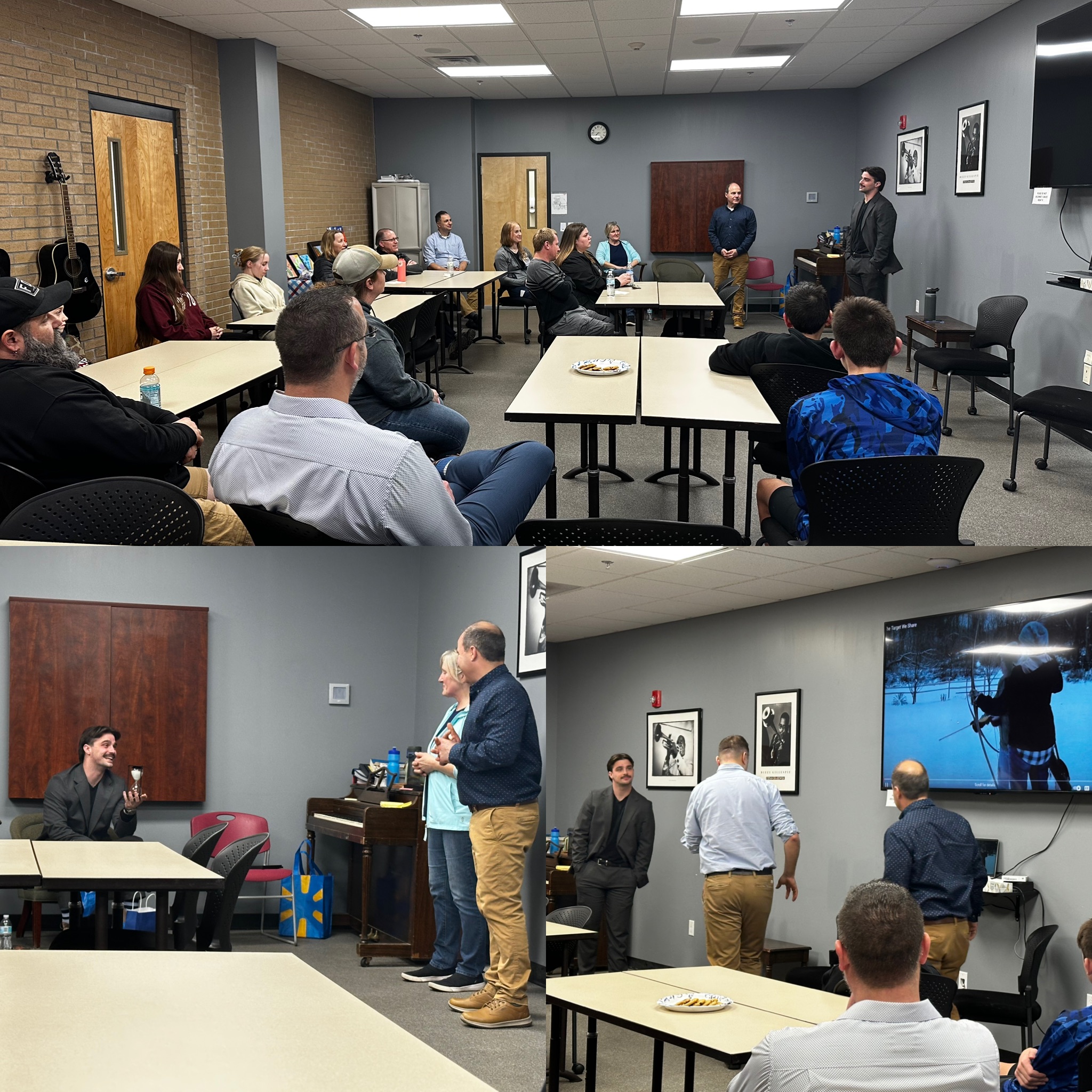 Photos of Nico Leonard and an audience during a Q&A session.