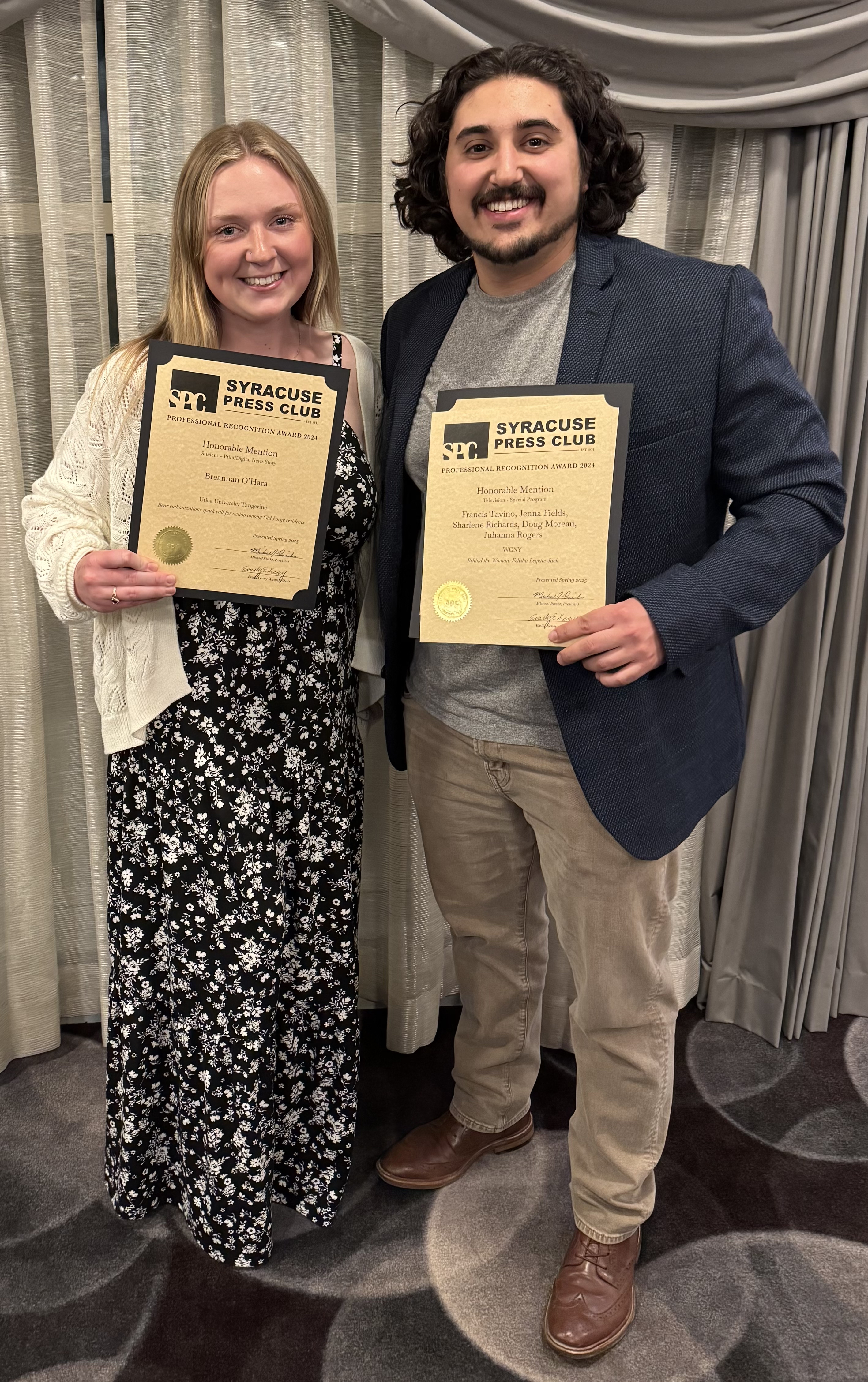 Breannen O'Hara and Francis Tavino Display Their Syracuse Press Club Awards