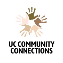 Variety of hands form a circle above words UC Community Connections.