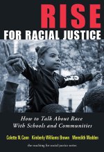 Cover of Rise for Racial Justice Book, featuring black and white photo of a young girl held up on the shoulders of an adult.