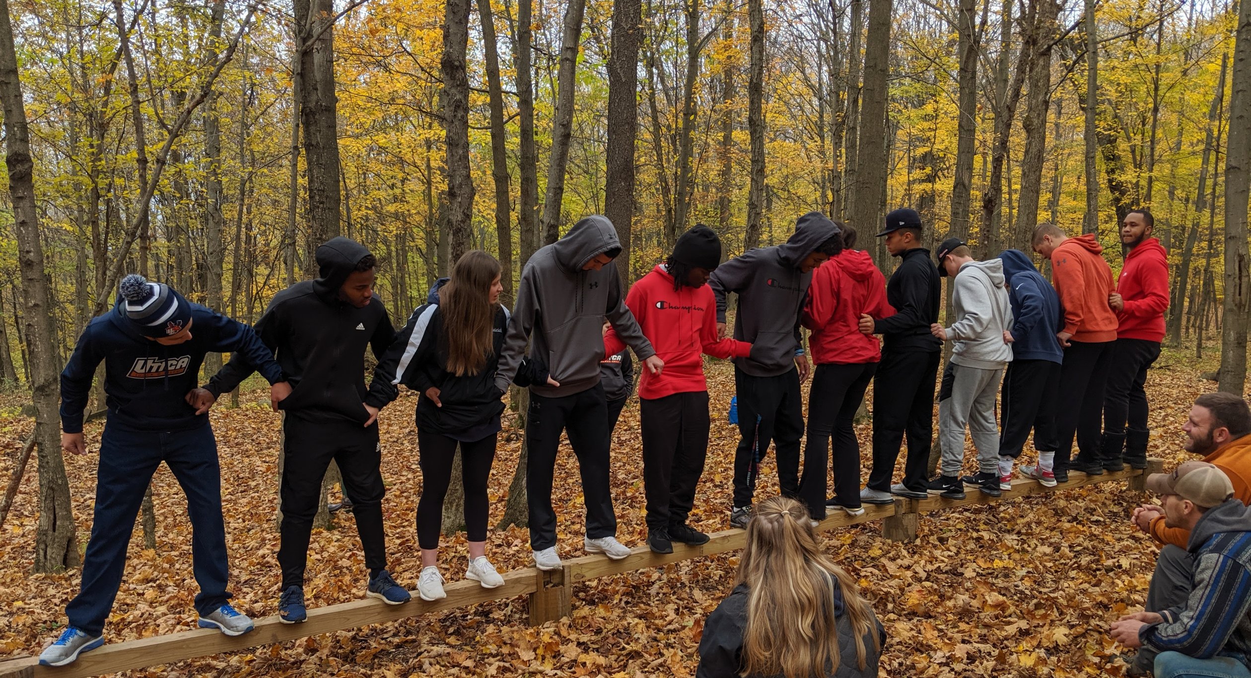 Students in the woods stand on a log holding hands.