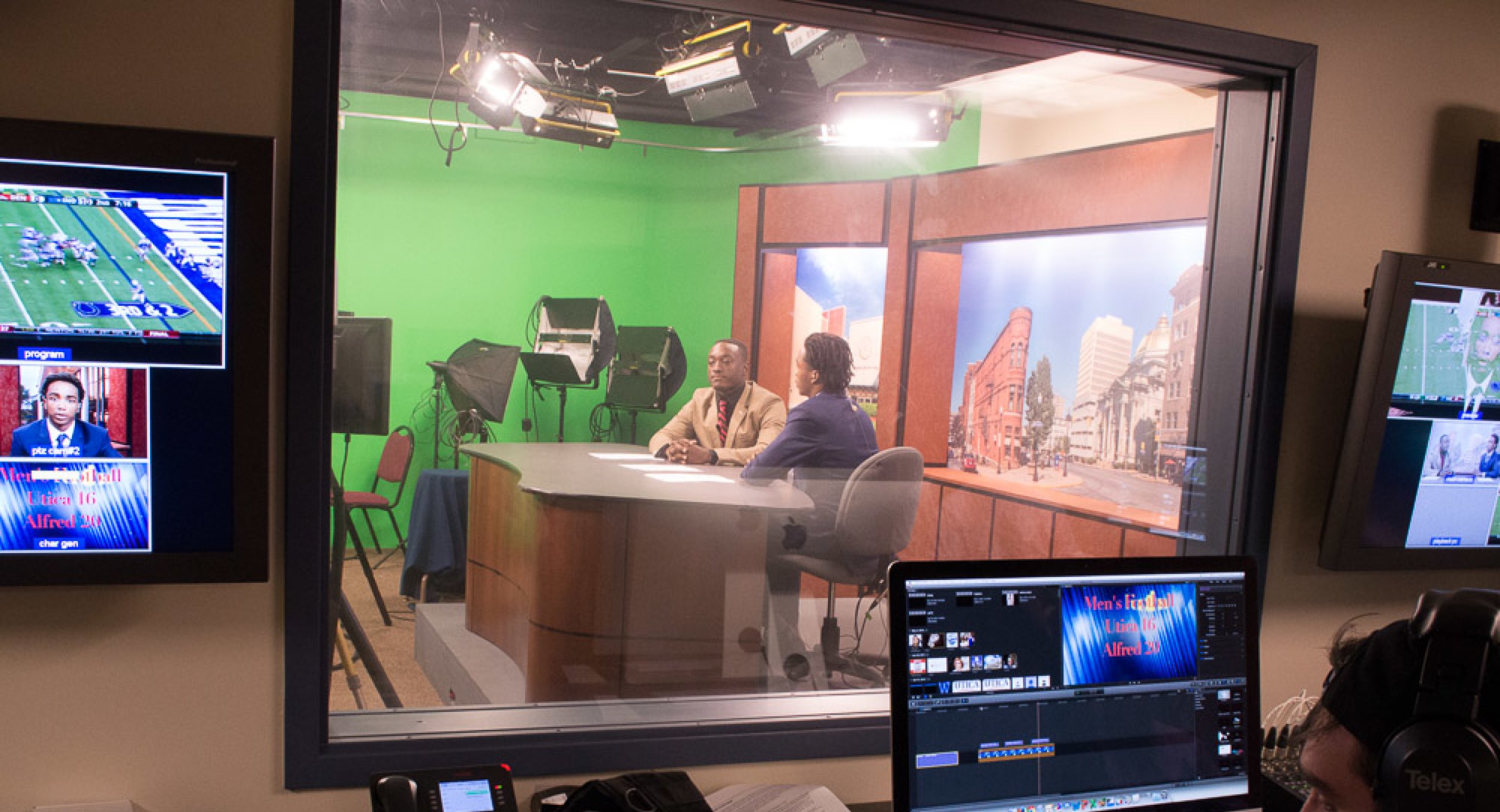 Communication and Media students inside the campus TV studio.