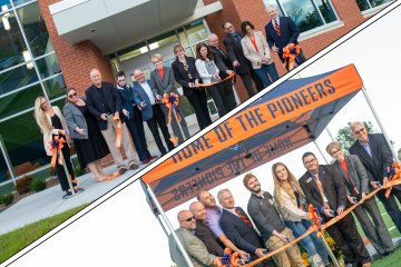 Montage photo of dual ribbon cuttings of Science Center and Athletic Field on October 21, 2021.