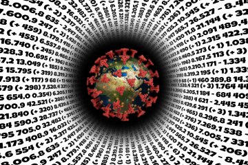 COVID spike protein surrounded by data and numbers.