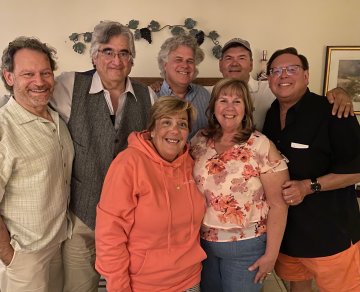 Reconnected buddies (left to right) Joe Caruso ’80, R. Scott Thomson ’80, John Casellini ’81, David Waples ’80, Warren Heller ’81, (second row, left to right) Maryann Riviello Brennan ’81 and Coleen Farrell Snow ’82