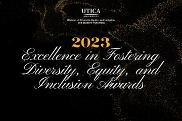 Black background with gold glitter accent. Center text reads 2023 Excellence in Fostering Diversity, Equity, and Inclusion Awards in white script.