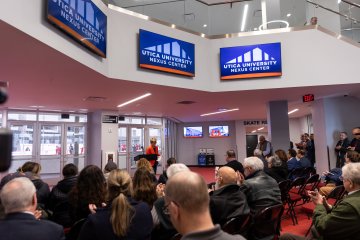 Utica University President Dr. Laura Casamento speaks at a press conference announcing the renaming of the Nexus Center in Utica as the Utica University Nexus Center.