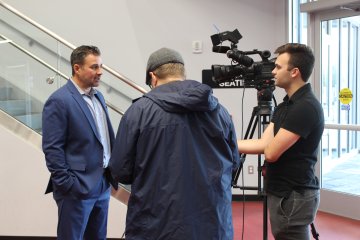 Gary Heenan talks with media  at Hockey Skills Competition Announcement 091423