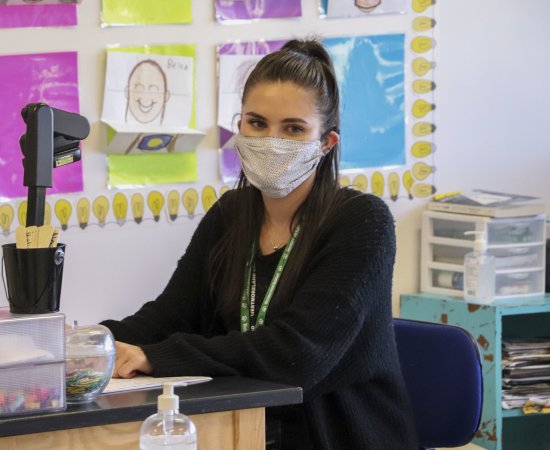 Caitlin George, Teacher Resident, teaching in 3rd grade class.