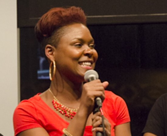 Singer and Poet Shanelle Gabriel '06 performs at Homecoming 2015.
