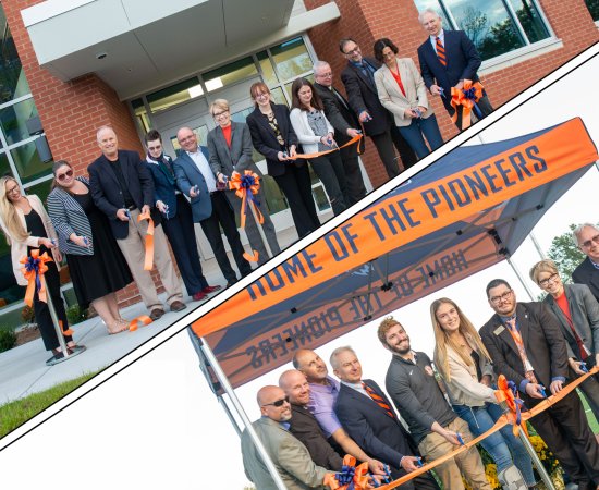 Montage photo of dual ribbon cuttings of Science Center and Athletic Field on October 21, 2021.