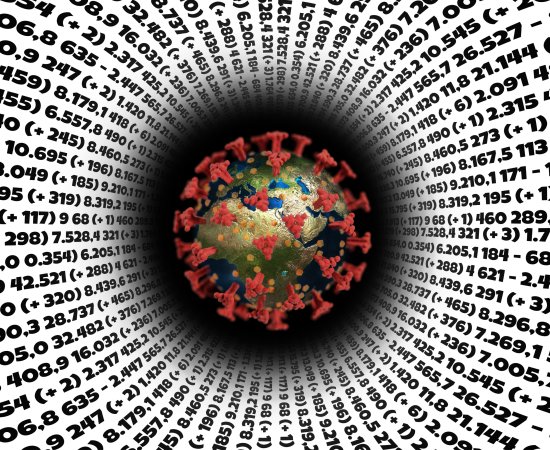 COVID spike protein surrounded by data and numbers.