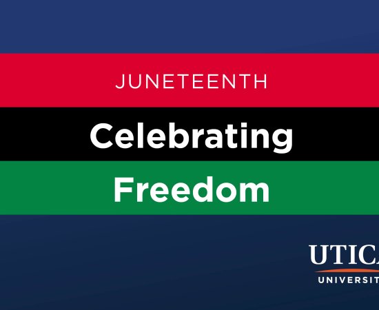 Red, Black and Green stripes against University blue background with words: Juneteenth, Celebrating Freedom.
