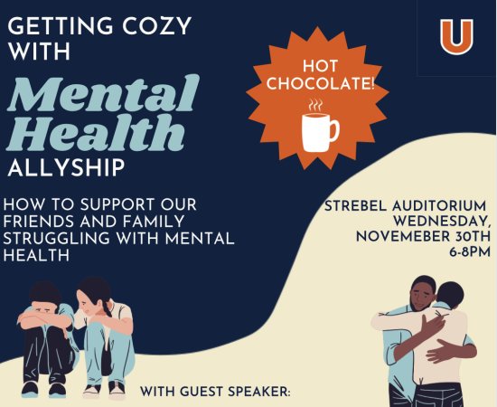 Graphic featuring individuals talking with and consoling each other, with details of November 30 event.