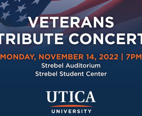 Blue graphic with American Flag and details of the 2022 Veterans Tribute Concert.
