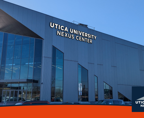 Rendering of the Nexus Center in Utica with Utica University on exterior.