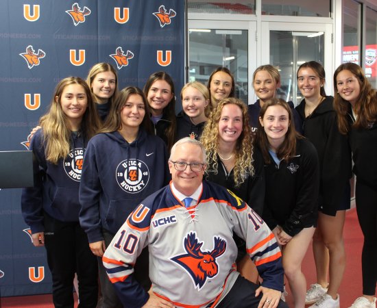 Women's Hockey and President Pfannestiel at Hockey Skills Competition Announcement 091423