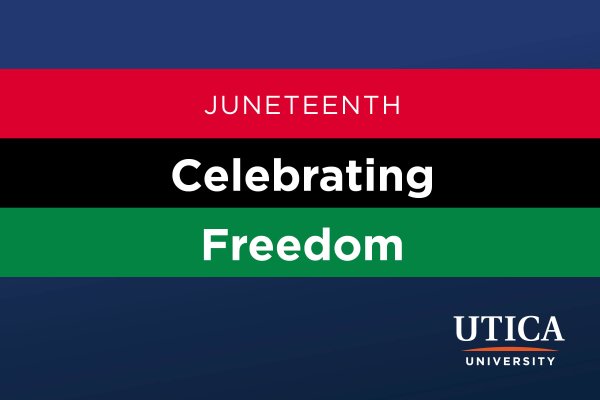 Red, Black and Green stripes against University blue background with words: Juneteenth, Celebrating Freedom.