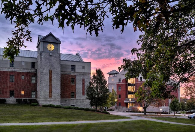 View at dusk of Bell Hall on the Utica College campus.