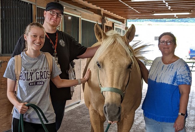 Occupational Therapy students pose with a tan horse.