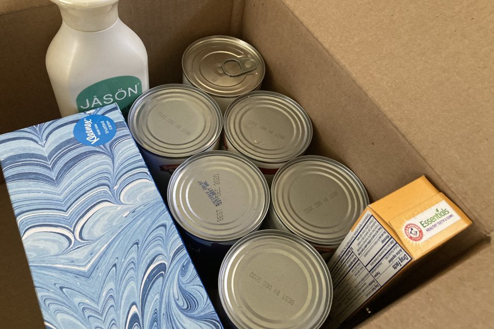 Canned goods and hygiene priducts in a cardboard box.