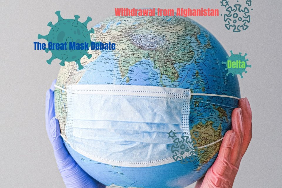 masked globe surrounded by coronavirus