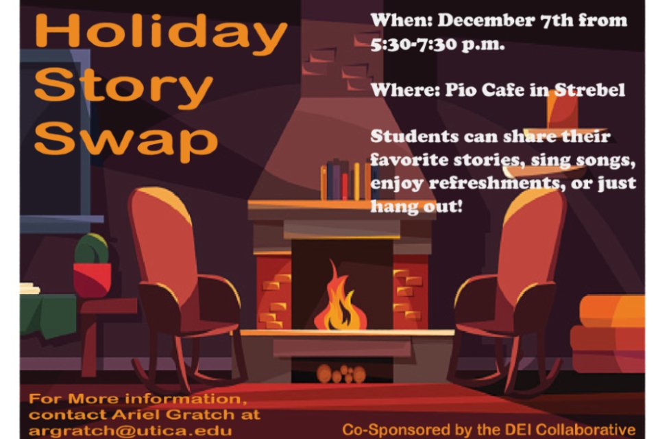 Holiday Story Swap information over two armchairs in front of a lit fireplace.