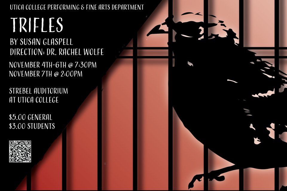 Bird in a cage next to details of Fall 2021 production of Trifles.