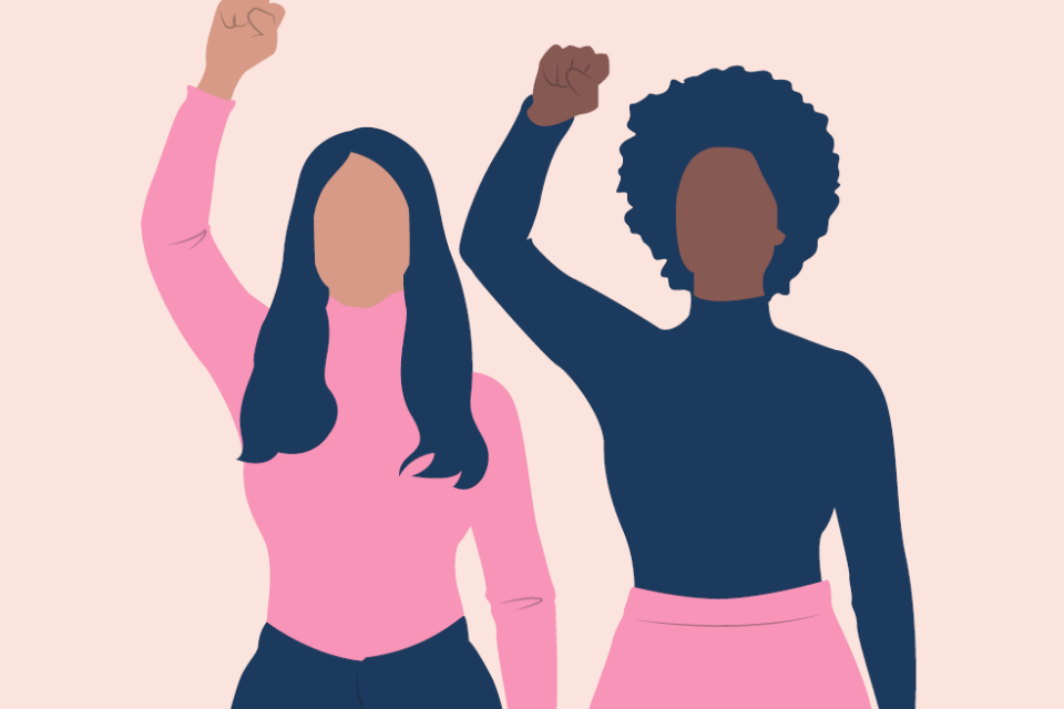 Vector images of two women side by side with raised fists