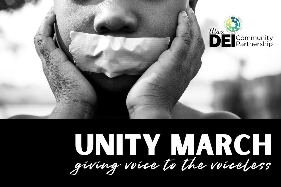 Top: Black and white photo of a child with tape over their mouth. Bottom: Black background, Unity March: Giving Voice to the Voiceless in white text