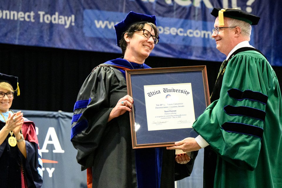 Terri Provost receives the Crisafulli Distinguished Teaching Award during the 2022 Undergraduate Commencement Ceremony.