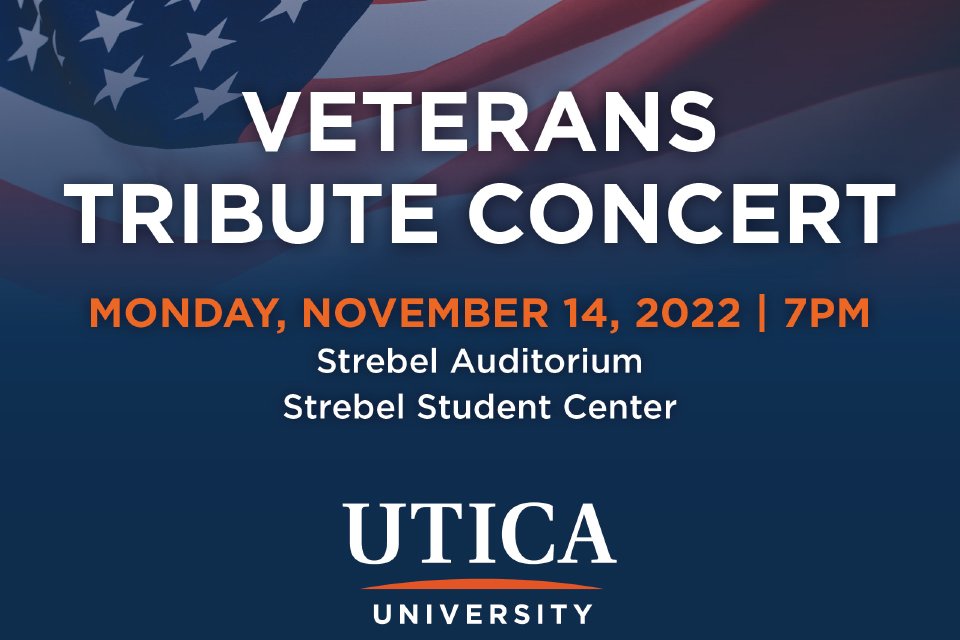 Blue graphic with American Flag and details of the 2022 Veterans Tribute Concert.