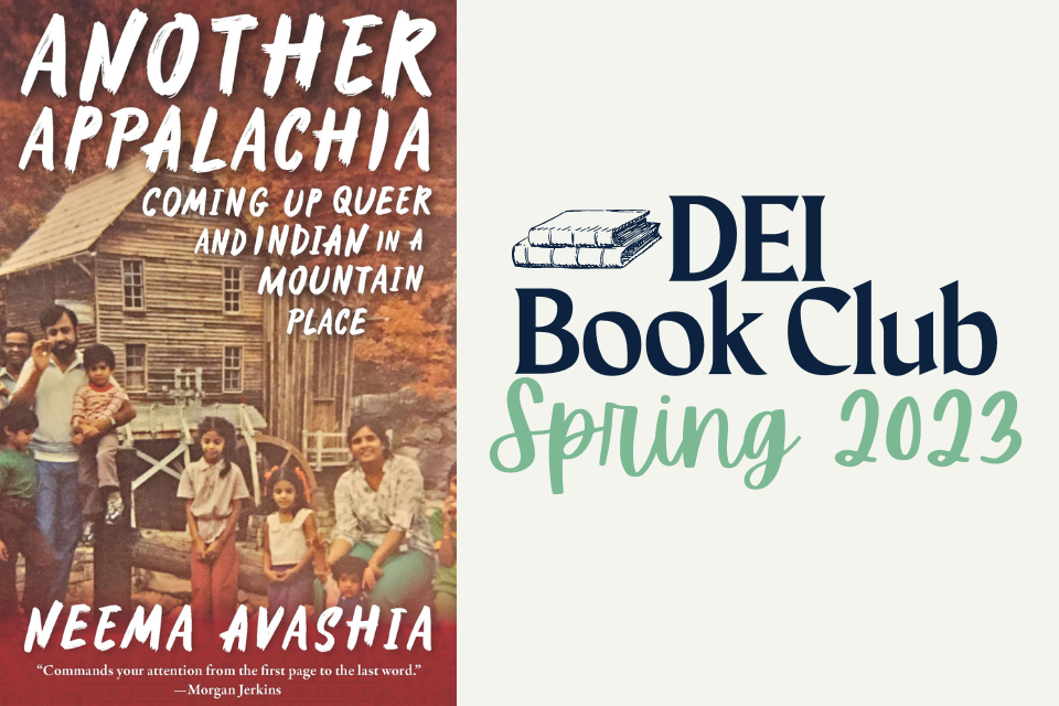 Image left, cover art of "Another Appalachia" shows large family with 6 children posing for photo in front of small wooden cabin. Text right reads "DEI Book Club, Spring 2023"