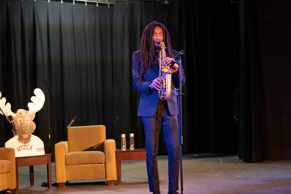 Craig Beacham plays saxophone in Strebel Auditorium on February 1, 2023.