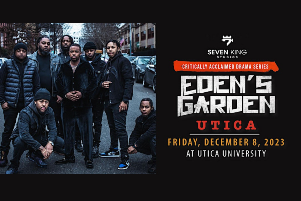 Poster for Eden's Garden featuring a group of trans men of color posing in a city street. Bottom text features information about the screening.