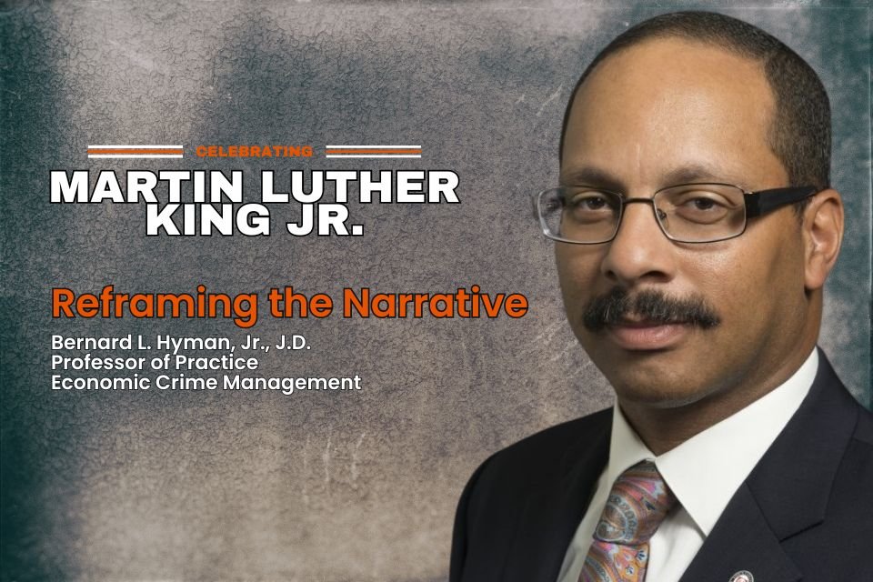 Text: Celebrating Martin Luther King, Jr. Reframing the Narrative. Headshot of Professor Bernard Hyman.